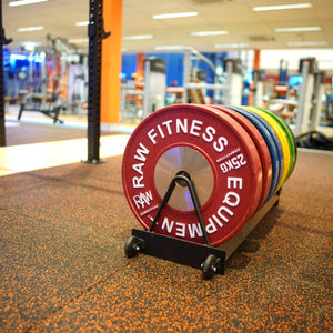 RAW Fitness Equipment Competition Bumper Plates 5kg Pair — IWF standard, natural rubber, commercial grade Toaster rack