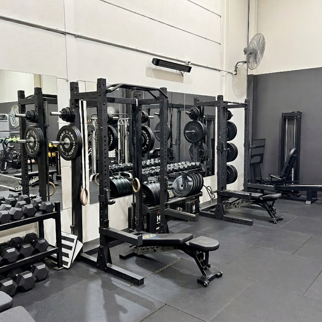 Gym interior with weightlifting equipment and weights on a gray floor.