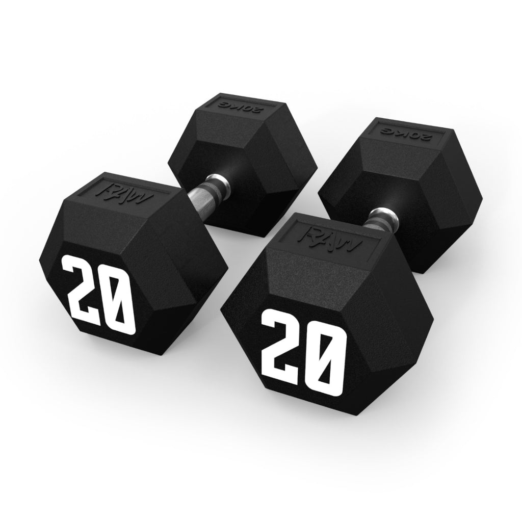 DUMBBELL – RUBBER HEX 20KG PAIR RAW Fitness Equipment