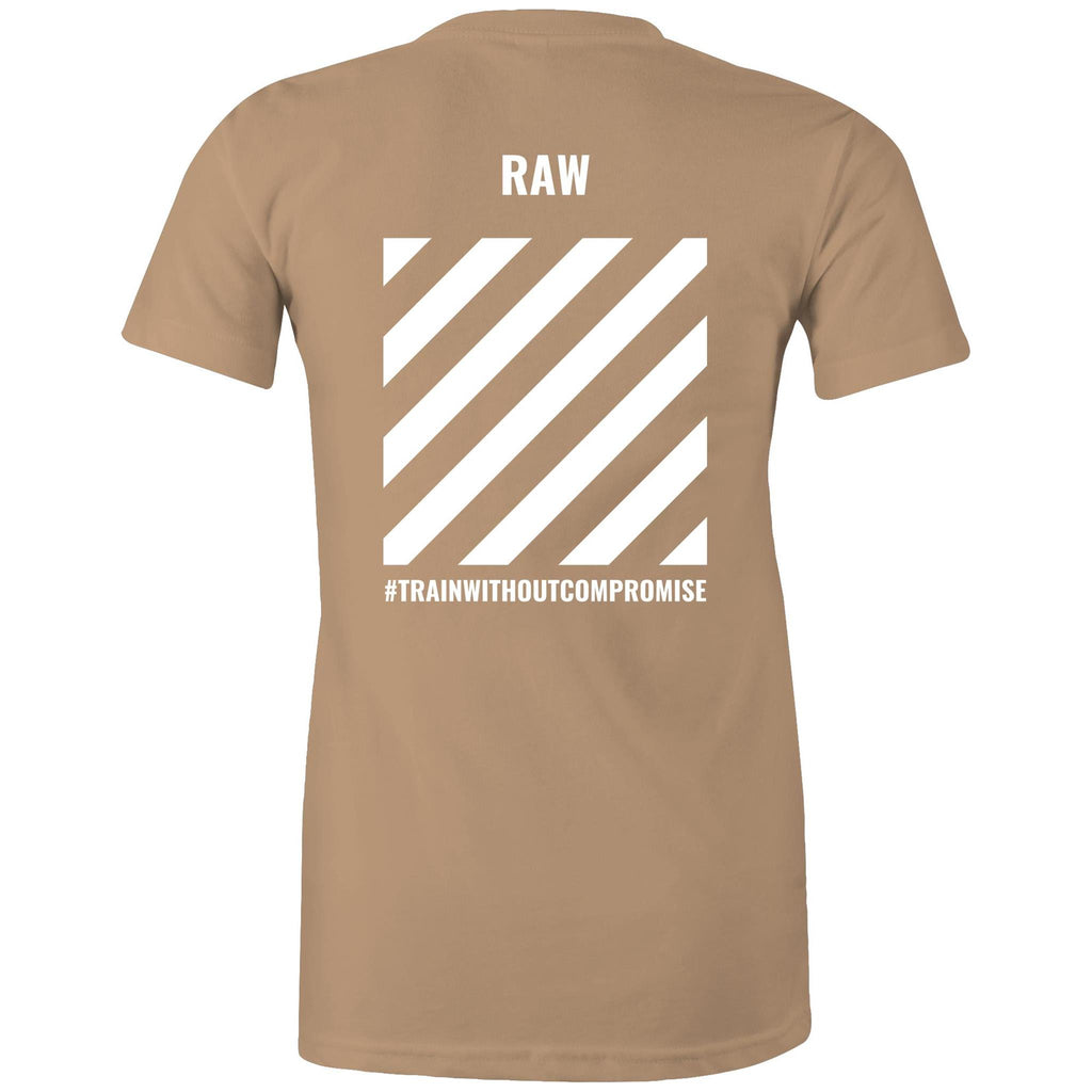 Stripe Logo Tee Tan Train Without Compromise Back - RAW Fitness Equipment